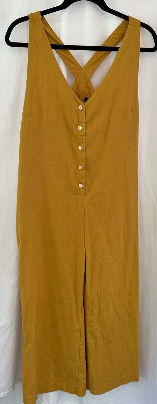 Bella Donna Mustard Yellow Linen Blend Button Front V-Neck Criss-Cross Jumpsuit